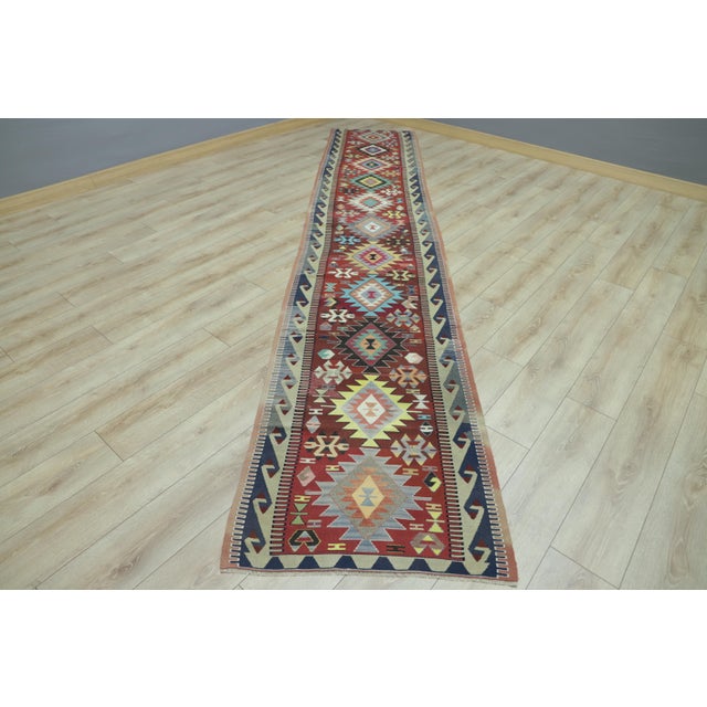 Red 1970s Southwestern Style Hand Knotted Red Oushak Kilim Runner Rug 2.6 X 13.4 Ft For Sale - Image 8 of 8