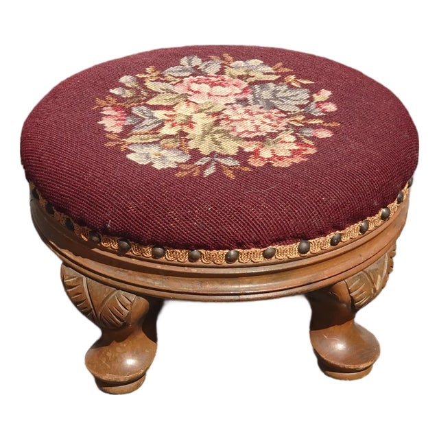 Footstool ~ Vintage French Country Burgundy Floral Round Needlepoint Footstool#2 For Sale