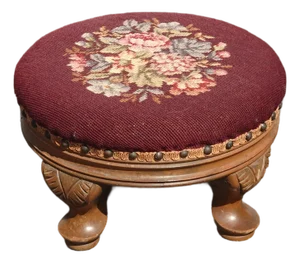 Footstool ~ Vintage French Country Burgundy Floral Round Needlepoint Footstool#2