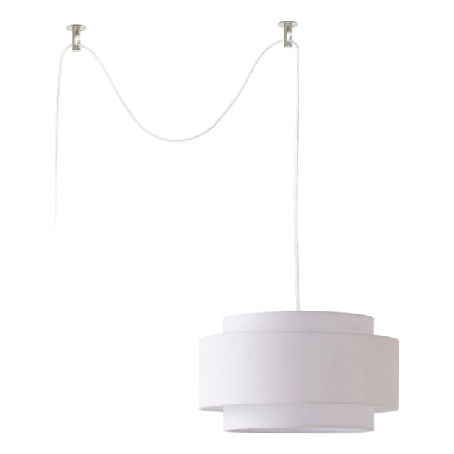 Coronado Stretch Swag Lamp - Drum White Linen Shade, Satin Nickel, Inline Dimmer For Sale
