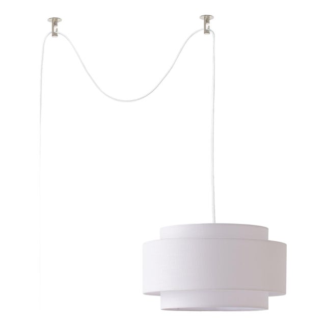 Coronado Stretch Swag Lamp Kit - Drum White Linen Shade, Satin Nickel, Inline Dimmer For Sale