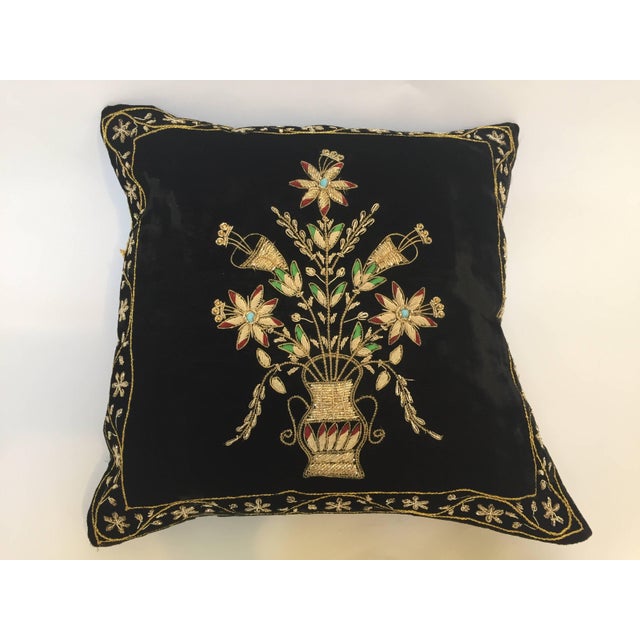Velvet Black Silk Throw Pillow Embroidered With Gold Design Chairish