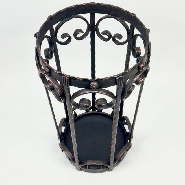 Black Hand Forged Iron Umbrella Stand (50cm) Antique Copper Scrollwork Design For Sale - Image 8 of 9