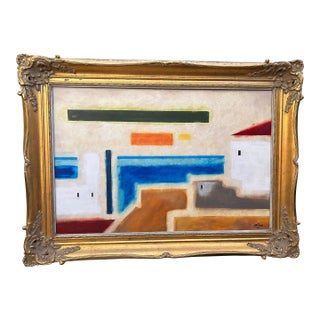 Large Abstract Architecture Original Acrylic on Canvas Painting, Signed J Martinez, 32x44" Heavy Ornate Gold Frame For Sale