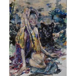 Mender of the Roots, Watcher of the Boughs by Jaclyn Alderete | Oil on board Girl with a panther in a colorful setting. For Sale