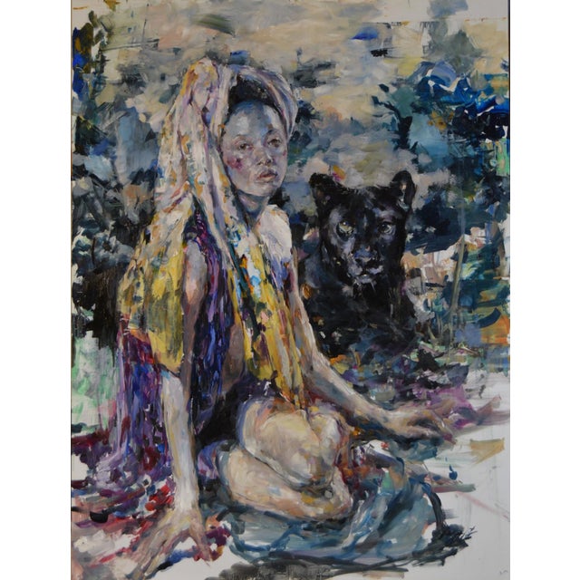 Mender of the Roots, Watcher of the Boughs by Jaclyn Alderete | Oil on board Girl with a panther in a colorful setting. For Sale