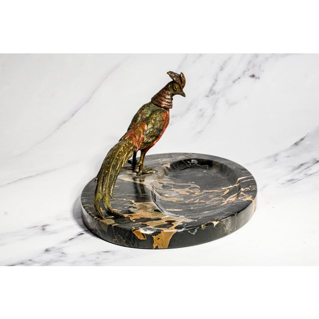 Impressive Antique Austrian Bronze Pheasant Sculpture Statue Black Veined Marble Desk Dresser Tray Catchall Art Deco Home Decor For Sale - Image 9 of 17