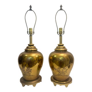 Mid-Century Chinouserie Floral and Bird Etched Brass Ginger Jar Signed Table Lamps - a Pair For Sale