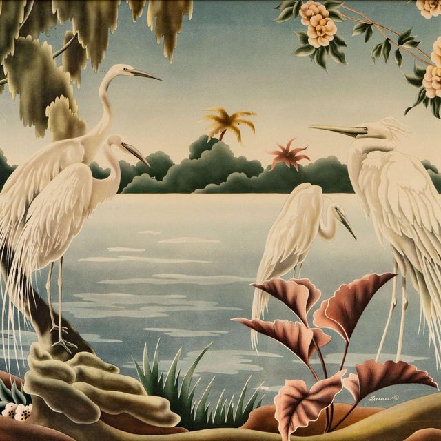 Mid-Century Modern 1940 Tropical Crane /Egret Scenic Print, Mirror Framed by Billy Seay for Turner For Sale - Image 3 of 9