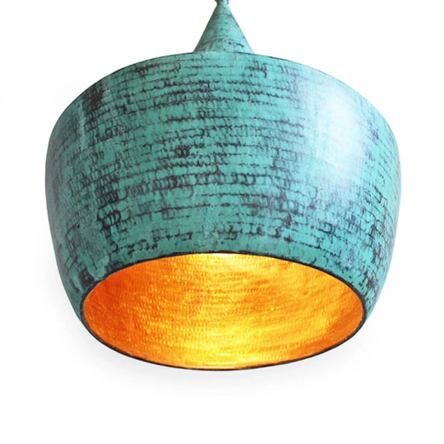 Hand pounded copper lantern with beautiful verdigris patina on the exterior with true copper finish on the interior. The...