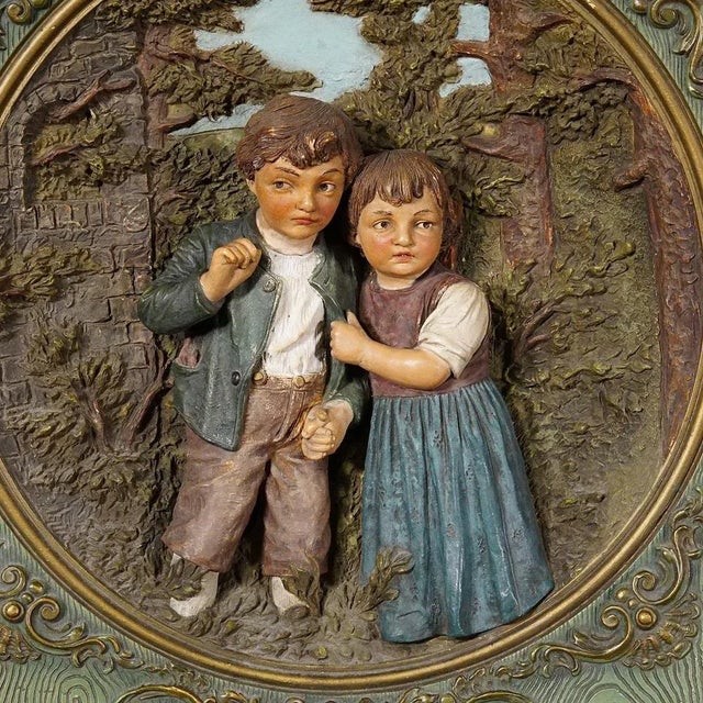 Terracotta Wall Plate with Whimsy Children in Farmer Costumes by Johann Maresch, 1890s For Sale - Image 5 of 12