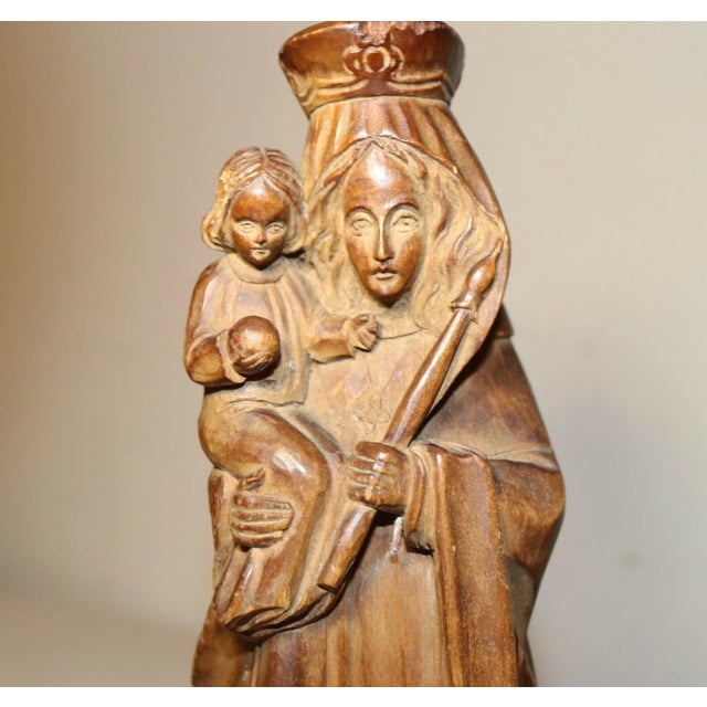 Wood Antique 1800's Religious Hand Carved Wood Mary Madonna Jesus Sculpture Statue For Sale - Image 7 of 12