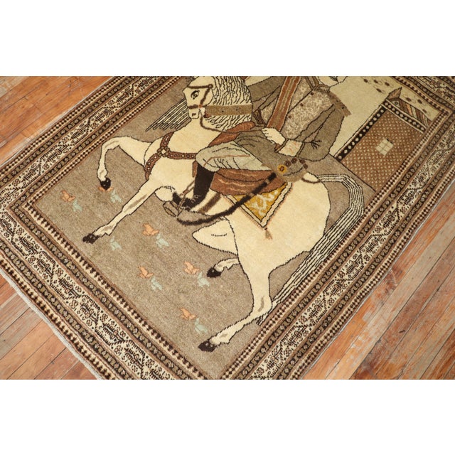 Textile Vintage Brown Persian Tabriz Pictorial Horse Rug - 4' x 5'8" For Sale - Image 7 of 8