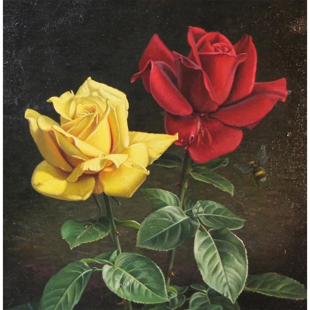 Wolfgang Grünberg, Two Roses with Bumblebee, 1960s, Oil on Canvas, Framed For Sale - Image 4 of 9