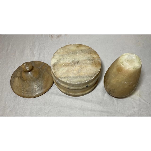 Alabaster 2 Antique Handmade Carved White Alabaster Stone Table Articles Vase Lidded Jar For Sale - Image 8 of 9
