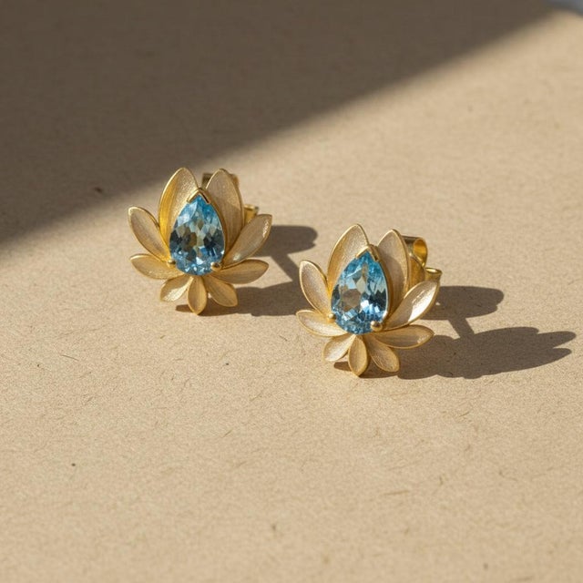 Not Yet Made - Made To Order Pear-Cut Topaz Lutus Flower Earrings Studs, Silver, Gold, Pair For Sale - Image 5 of 8