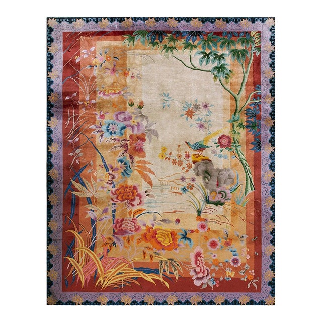1920s Ivory Scenic Floral Antique Chinese Art Deco Rug 8'10" X 11'6" Handknotted Wool Carpet For Sale