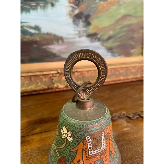 Brass Vintage Brass Toned Hanging Bell With Hand-Painted Elephant and Floral Motifs, India For Sale - Image 8 of 8
