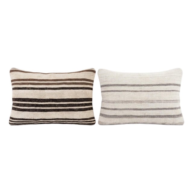 Turkish Lumbar Kilim Pillow Cover 16'' X 24'' - Set of Two For Sale