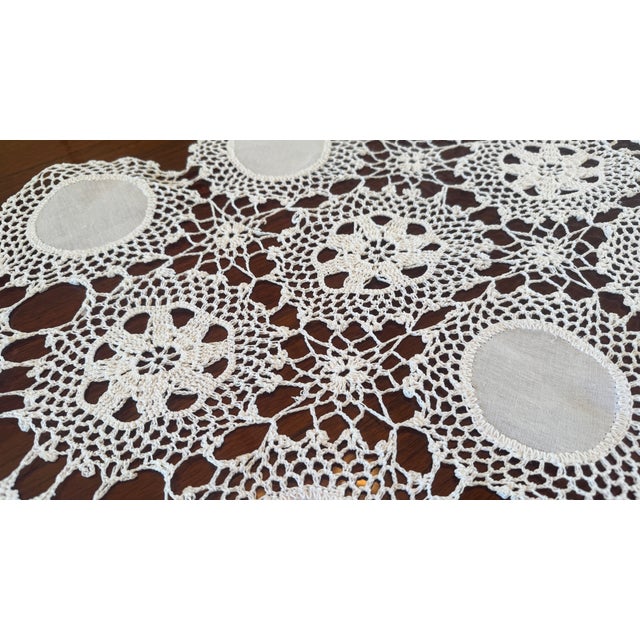 Vintage Handmade Linen and Lace Table Runner For Sale - Image 4 of 11
