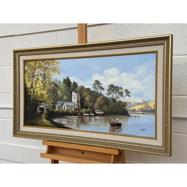Painting of Church in Cornwall on the English South Coast with Figures & Boats 1985 Circa For Sale - Image 11 of 16