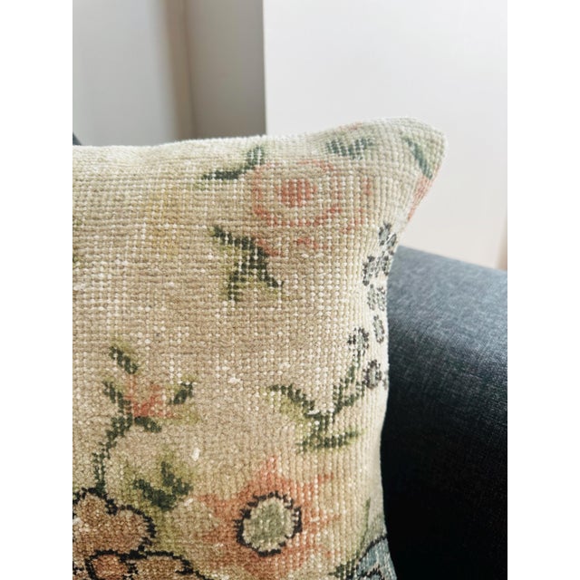 Vintage Turkish Rug Pillow Cover, Handwoven Wool Isparta Floral Cushion, Romantic Peach Sage Dusty Blue Boho Pillow, 16x16 In For Sale - Image 4 of 12