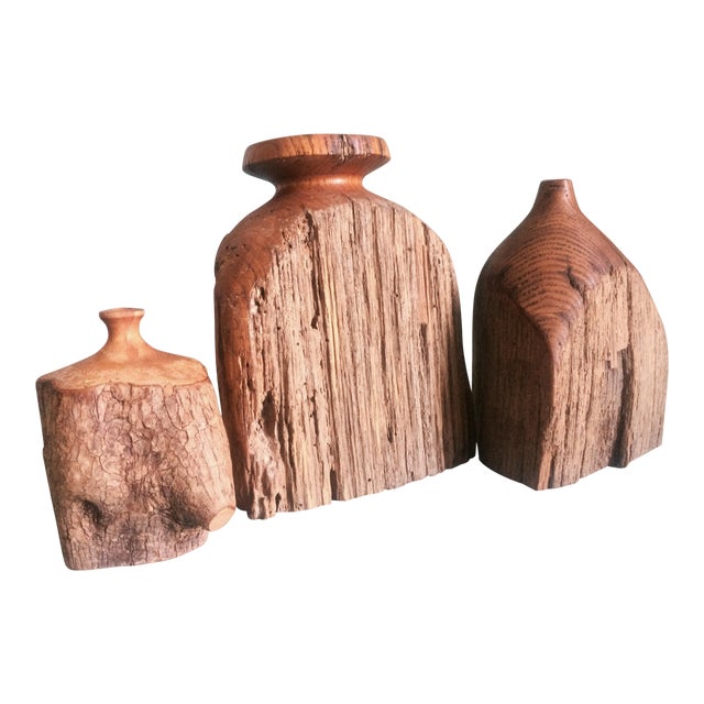 Mid Century Modern Primitive Live Edge Turned Wood Bud Vases Or