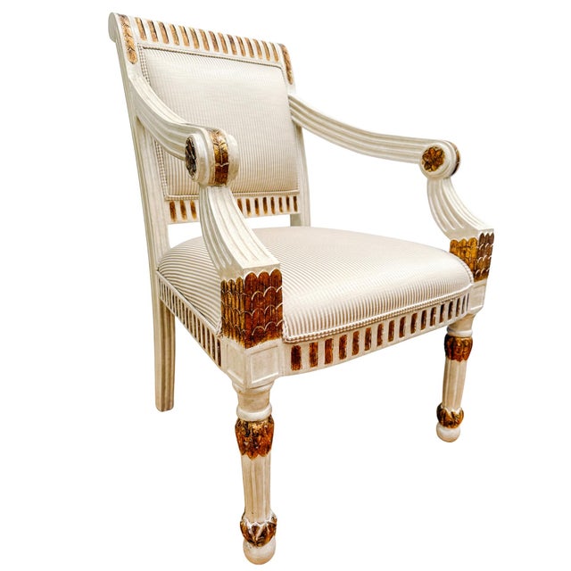 Wood Early 20th Century Vintage Italian Neoclassical Gilt & Painted Armchair Fauteuils With Rosette Carvings - A Pair For Sale - Image 7 of 18