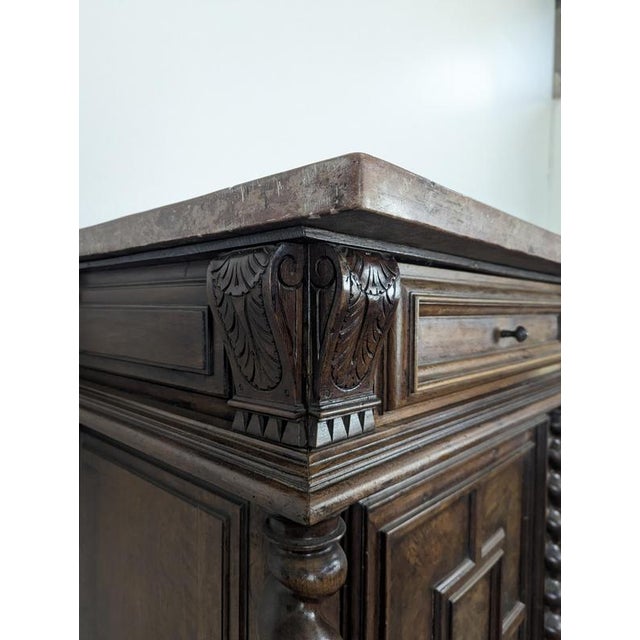Louis XIII Style Walnut Buffet with Twisted Columns and Pink Marble Top For Sale - Image 6 of 8