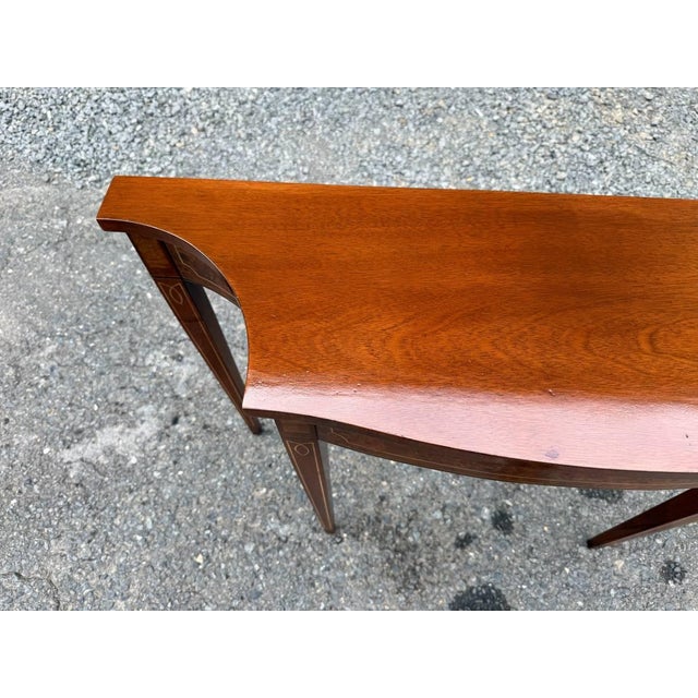 English Vintage Hepplewhite Style Mahogany and Burled Wood Inlaid Console Table For Sale - Image 3 of 17