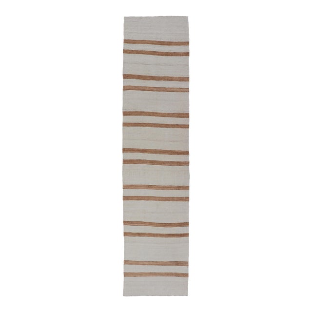 Vintage Turkish Kilim Runner With Horizontal Stripes in Ivory and Cognac For Sale