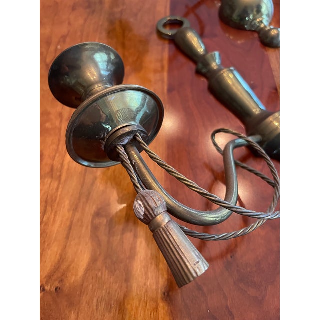 Early 20th Century Vintage Brass Two Arm Wall Sconces With Braid and Tassels - a Pair For Sale - Image 5 of 5