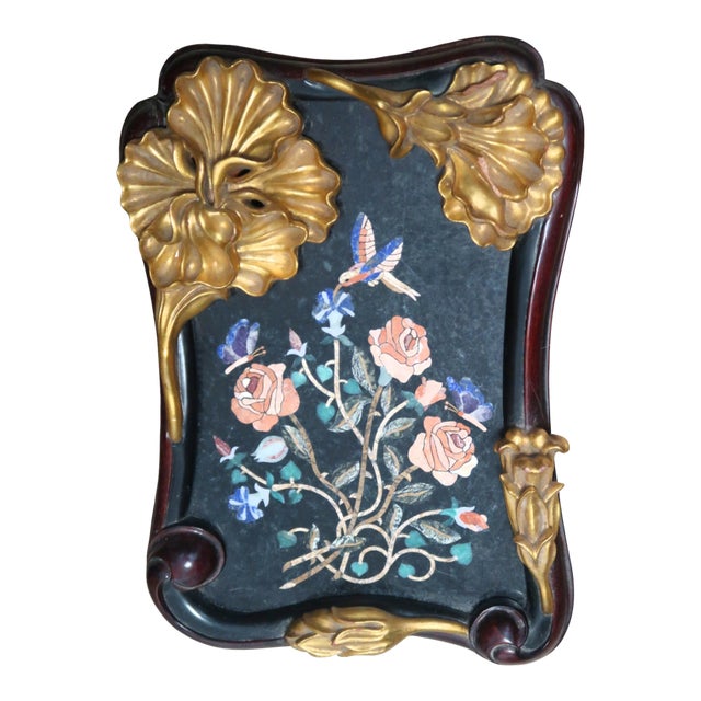 Exquisite Pietra Dura (Pietra Dure) Rendition of Flowers, Birds, Butterflies, Framed With Lovely Shaped Wood Frame With Molded Flowers, by N. Luedtke For Sale