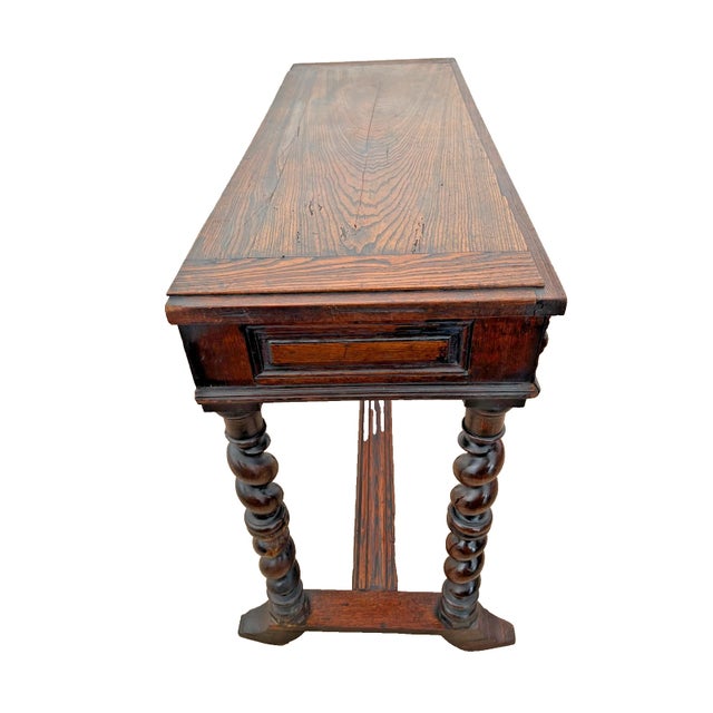 Wood Antique Sofa Table Console Barley Twist Legs Dark Oak Two Drawers Hand Carved For Sale - Image 7 of 14