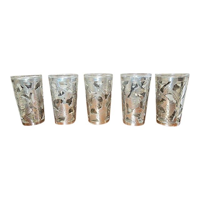 Set of 5 Midcentury LHM Taxco Mexican Sterling Silver Floral Overlay Tequila Shot Glasses For Sale
