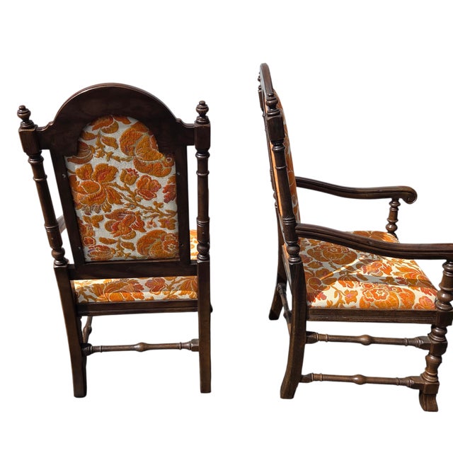 1970s Ethan Allen Jacobean Royal Charter Oak Dining Room Armchairs Gothic Pair For Sale In Philadelphia - Image 6 of 14