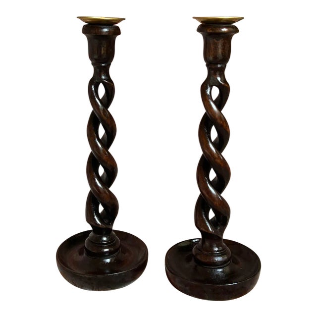 Pair Set Antique English Oak Open Barley Twist Candlesticks Candle Holder Brass For Sale