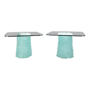 Pair of Fused Glass Blocks Pedestal Bases Rounded Square Tops Dining Game Table
