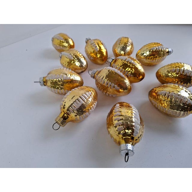 Vintage Czechoslovakian Hand-Painted Golden Glass Christmas Ornaments, 1970, Set of 12 For Sale - Image 4 of 12