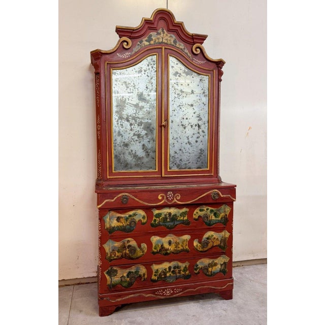Venetian Louis XV style lacquered wood bookcase Front opening with 4 drawers and 2 mirrored doors (some pitting) Entirely...