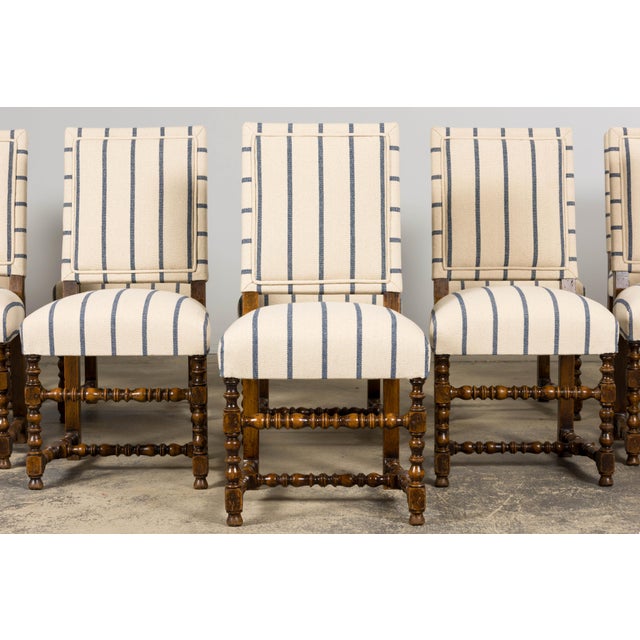French Late 19th Century French Louis XIII Dining Chairs in Blue Striped Jacquard, Set of 12 For Sale - Image 3 of 18