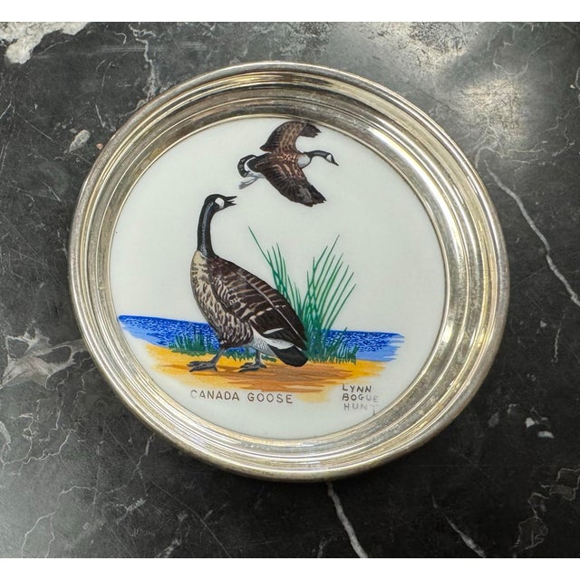 Mid 20th Century Vintage Hand Painted Porcelain Canada Goose Sterling Rimmed Coaster Hunt For Sale - Image 5 of 5