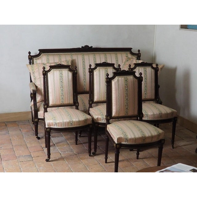 French Antique Empire style complete sofa which would easily seat 3 with cushions and 4 chairs fabricated late 19th early...