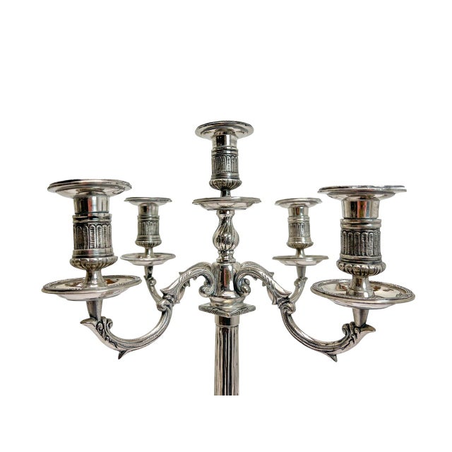 1940s Large Empire Silverplated Brass Five-Arm Candelabras, 1940s, Set of 2 For Sale - Image 5 of 14