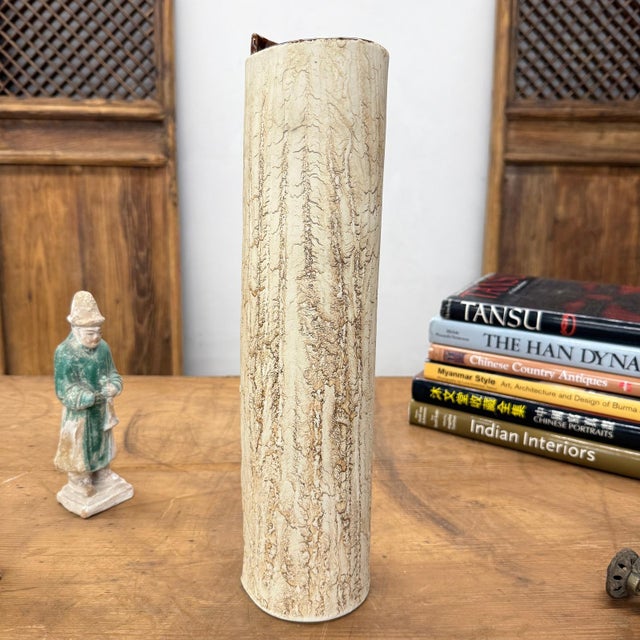 Rustic Cream Textured Cylinder Prem Vase with Red Brown Inside For Sale - Image 3 of 10