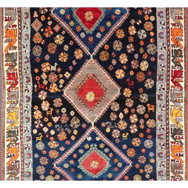 Vintage Persian Tribal Shiraz With Medallion Design on Dark Background 5'3 X 8'4 For Sale In Atlanta - Image 6 of 12