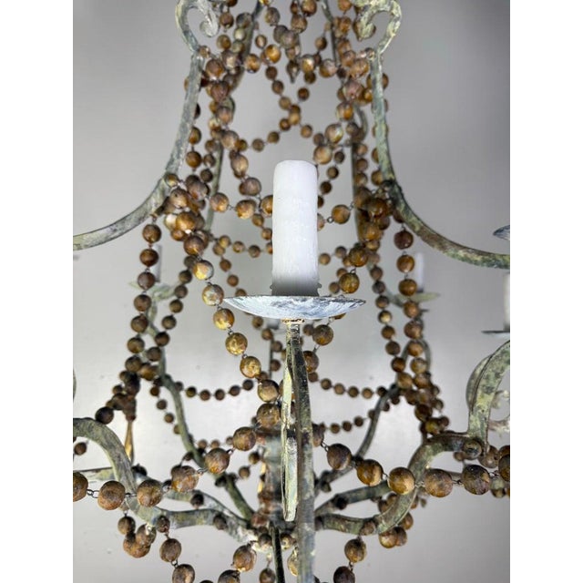 French Provençal Painted Iron Chandelier With Wooden Bead Garlands For Sale - Image 4 of 6