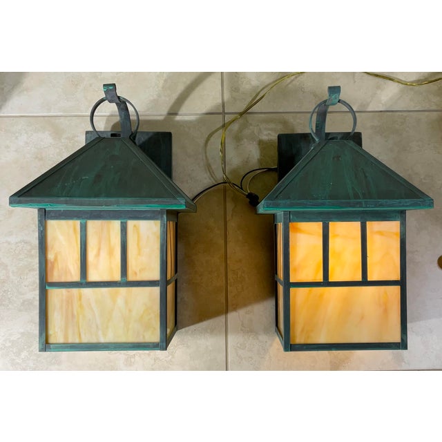 Pair of Vintage Solid Brass Outdoor Lanterns – Arts & Crafts Mission Style For Sale - Image 4 of 14