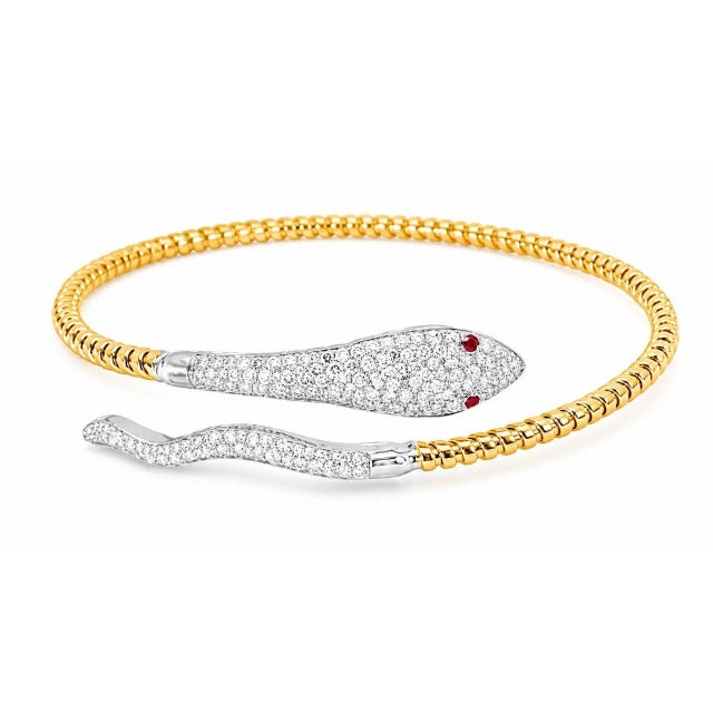 Mid 20th Century 14k Yellow Gold Diamond Ruby Snake Bangle Bracelet Estate For Sale - Image 4 of 4