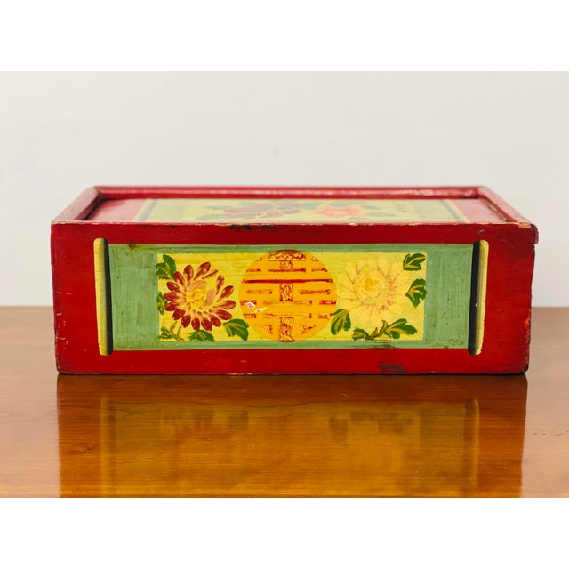 Rustic Mid 18th Century Antique Asian Primitive Hand Painted Wooden Box With Sliding Lid For Sale - Image 3 of 8